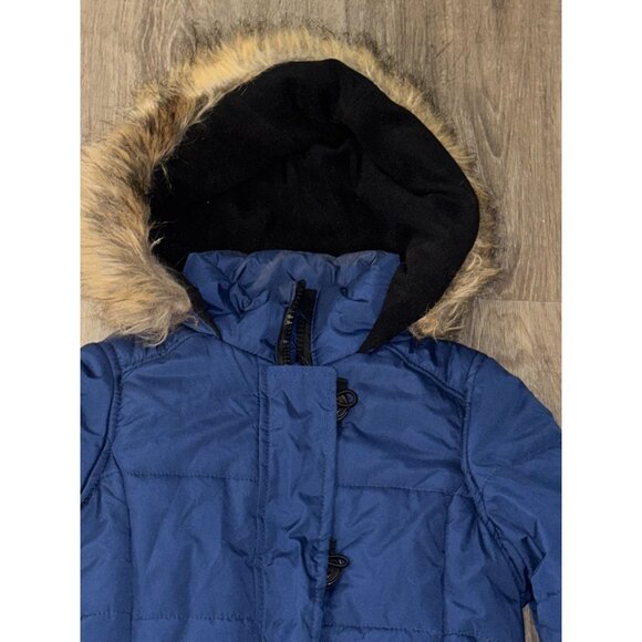 Hawke & Co Outfitter Blue Parka Coat With Faux Fur Hood Size 7/8 - Picture 2 of 8